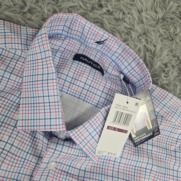 Nautica 258829 Mens XL Pink Blue Plaid S/S Button‎ Front Performance Dress Shirt - Picture 1 of 8